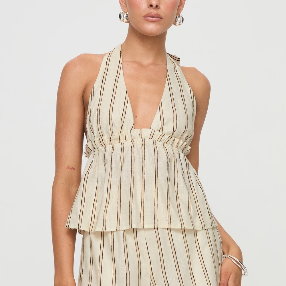 Princess Polly Ease Linen Cream and Brown Striped Tie Halter Top US2
